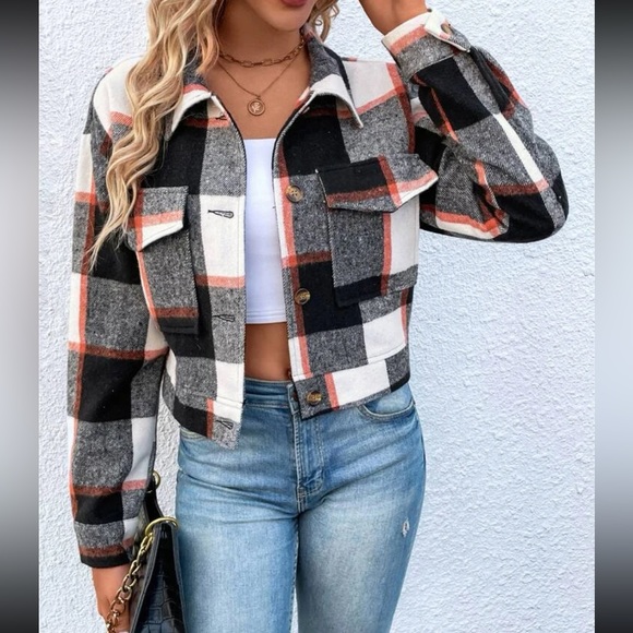 Boho navy blue plaid button down cropped jacket - Picture 14 of 16